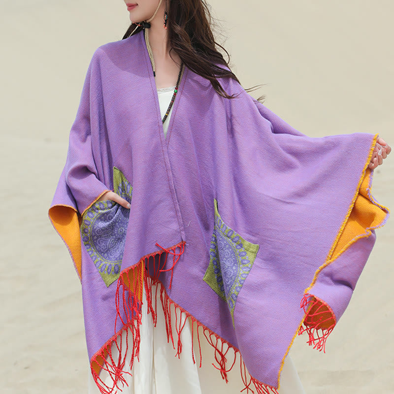 Buddha Stones Tibetan Geometric Round Mandala Pattern Tassels Shawl Fall Winter Cozy Scarf Wrap With Pockets - Orchid - 140*155cm - image 38