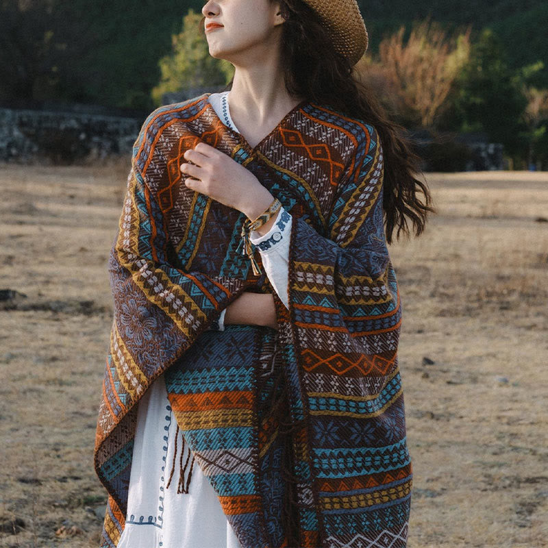 Buddha Stones Tibetan Geometric Horizontal Stripe Flower Leaf Tassels Shawl Fall Winter Cozy Scarf Wrap - image 2