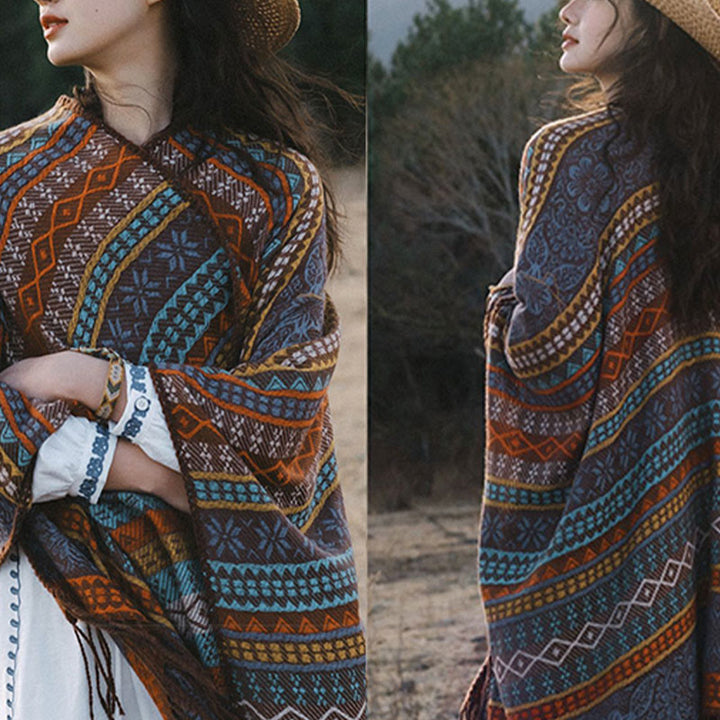 Buddha Stones Tibetan Geometric Horizontal Stripe Flower Leaf Tassels Shawl Fall Winter Cozy Scarf Wrap - image 8