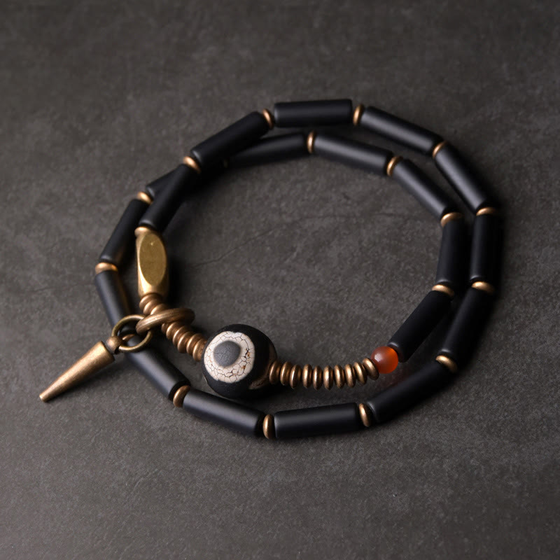 Buddha Stones Black Onyx Copper Dzi Bead Cone Pendant Double Wrap Protection Bracelet - Black Onyx Copper Dzi Bead(Wrist Circumference: 17-17.5cm) - image 0