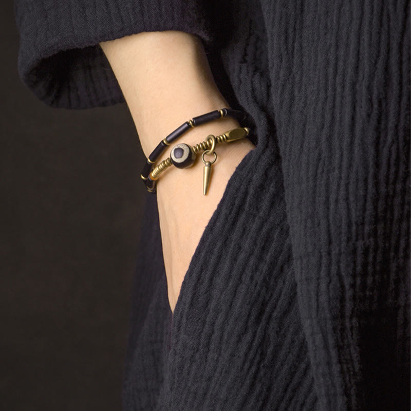 Buddha Stones Black Onyx Copper Dzi Bead Cone Pendant Double Wrap Protection Bracelet - image 4
