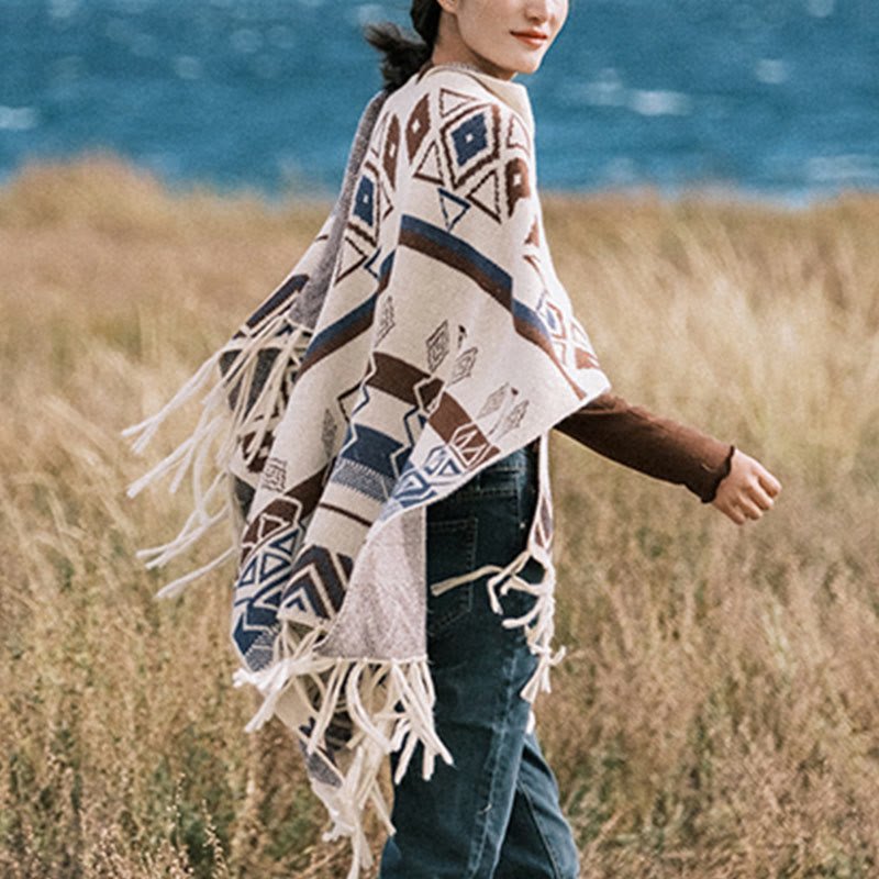 Buddha Stones Tibetan Wave Stripe Geometry Tassels Shawl Fall Winter Cozy Scarf Wrap - image 15