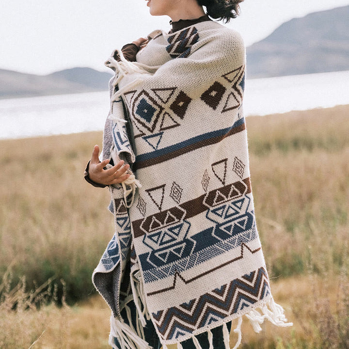 Buddha Stones Tibetan Wave Stripe Geometry Tassels Shawl Fall Winter Cozy Scarf Wrap - image 5