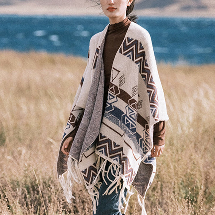 Buddha Stones Tibetan Wave Stripe Geometry Tassels Shawl Fall Winter Cozy Scarf Wrap - image 12