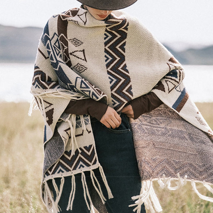 Buddha Stones Tibetan Wave Stripe Geometry Tassels Shawl Fall Winter Cozy Scarf Wrap - image 9