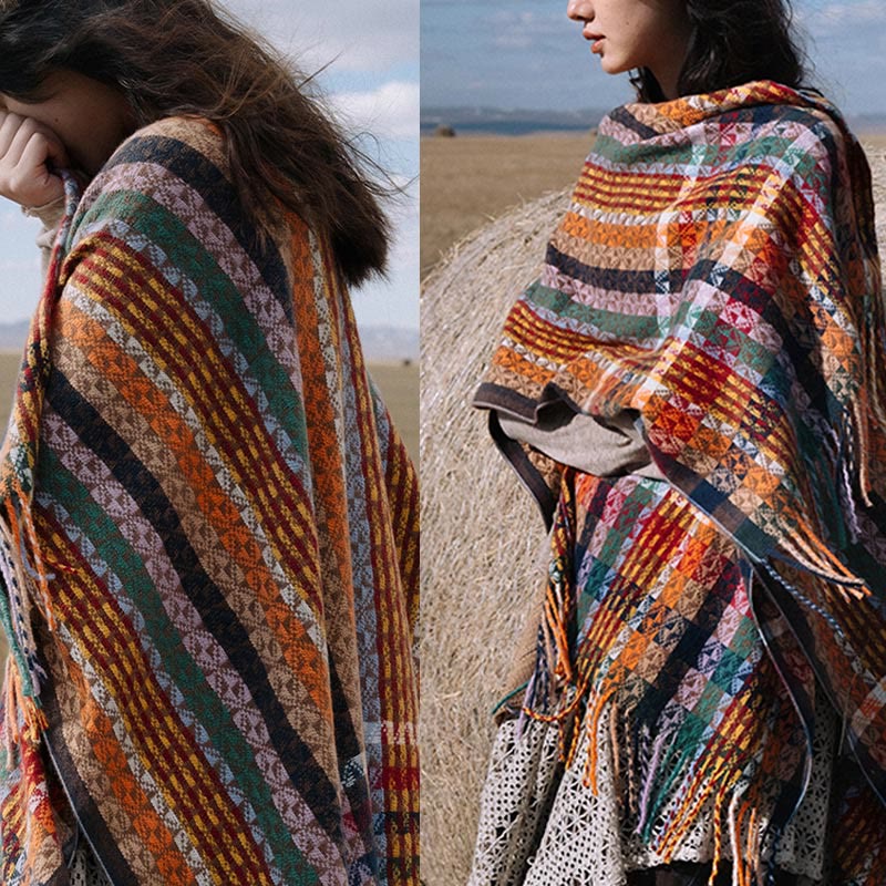 Buddha Stones Tibetan Colorful Stripe Geometry Tassels Shawl Fall Winter Soft Scarf Wrap - image 14