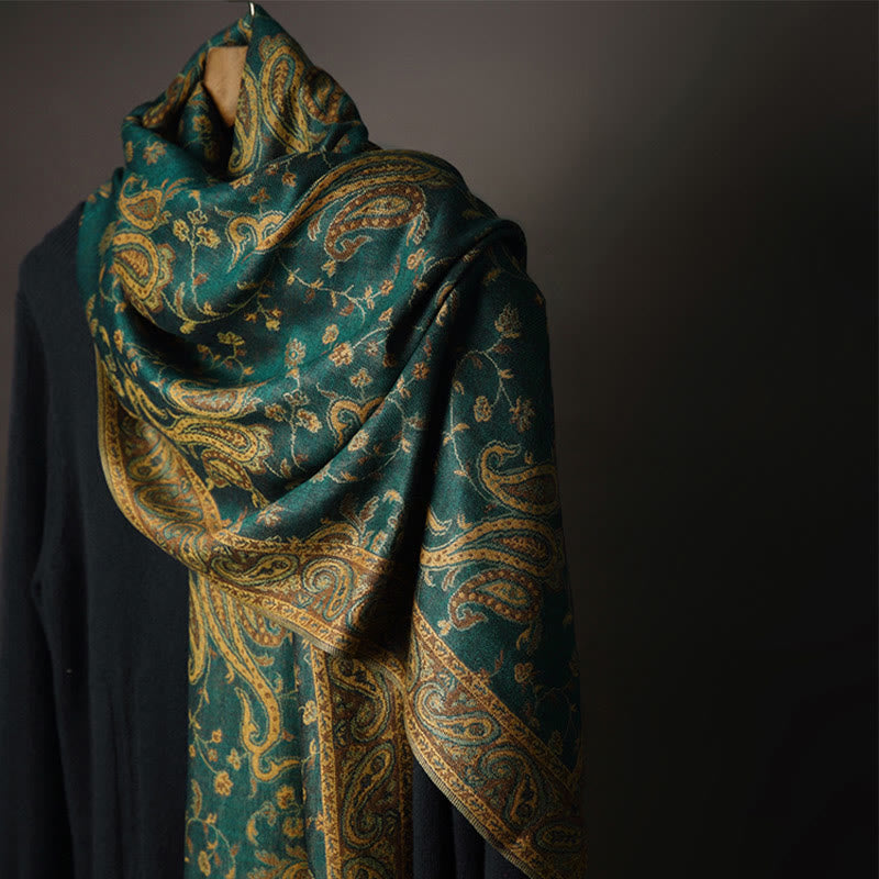 Buddha Stones Tibetan Cashew Flower Vine Print Tassels Shawl Fall Winter Soft Scarf Wrap - Dark Green 180*70cm - image 0