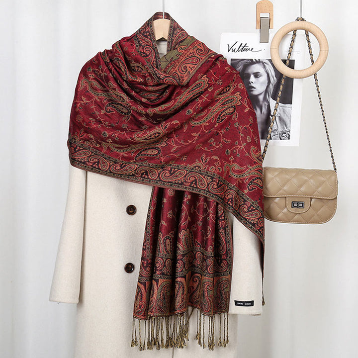 Buddha Stones Tibetan Cashew Flower Vine Print Tassels Shawl Fall Winter Soft Scarf Wrap - Dark Red 180*70cm - image 12