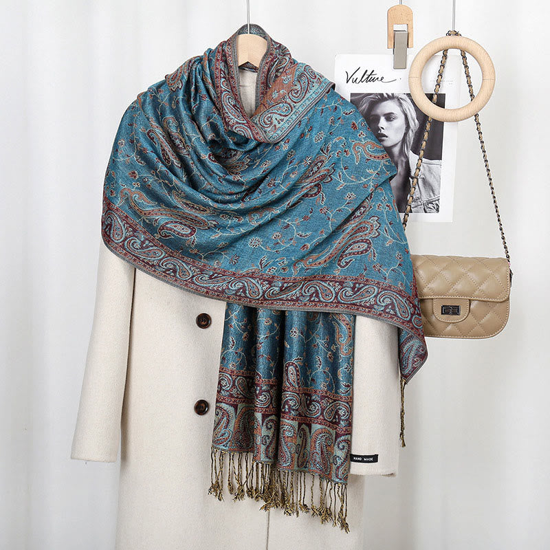 Buddha Stones Tibetan Cashew Flower Vine Print Tassels Shawl Fall Winter Soft Scarf Wrap - Cyan 180*70cm - image 14