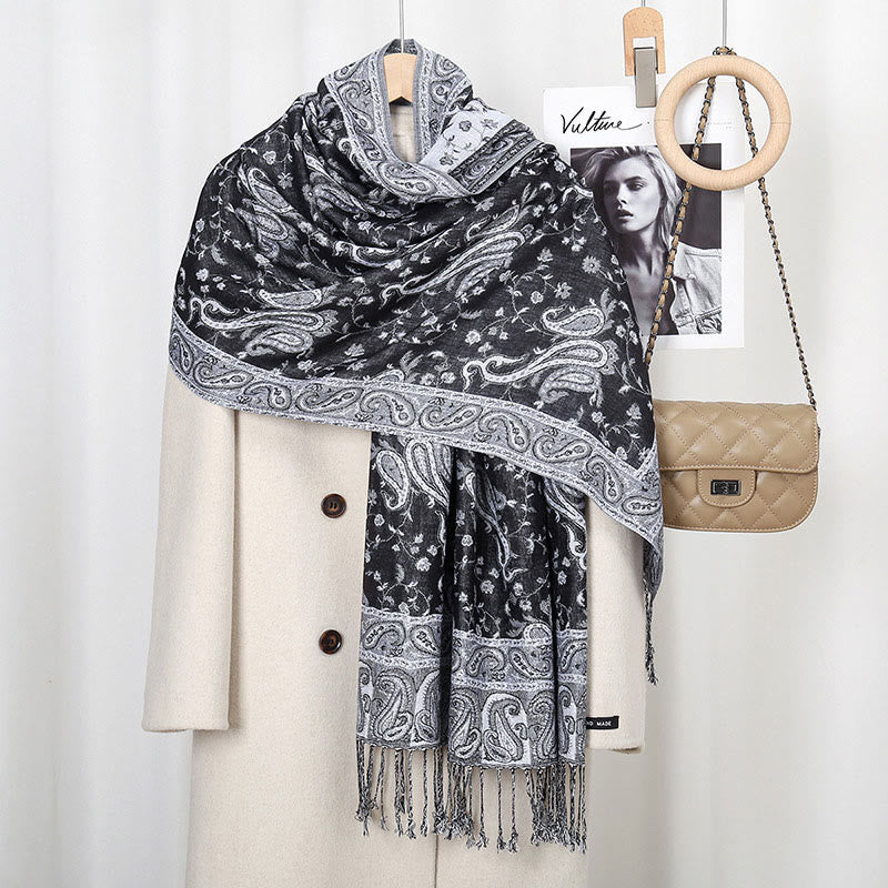 Buddha Stones Tibetan Cashew Flower Vine Print Tassels Shawl Fall Winter Soft Scarf Wrap - Black Gray 180*70cm - image 15