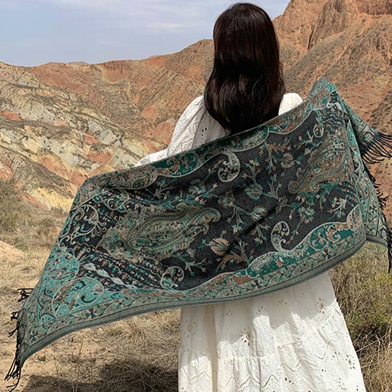 Buddha Stones Tibetan Cashew Flowers Vine Pattern Tassels Shawl Fall Winter Soft Scarf Wrap - image 9