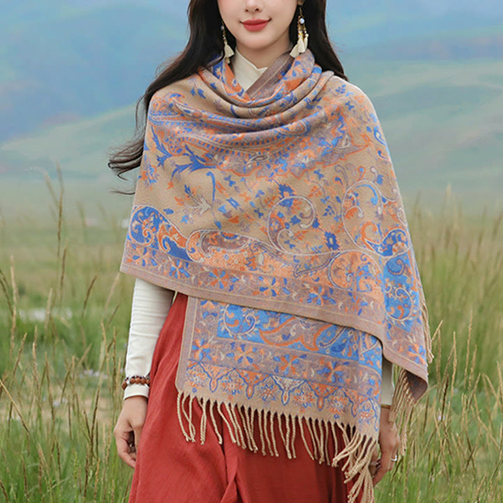 Buddha Stones Tibetan Cashew Flowers Vine Pattern Tassels Shawl Fall Winter Soft Scarf Wrap - Khaki - 200*65cm - image 19