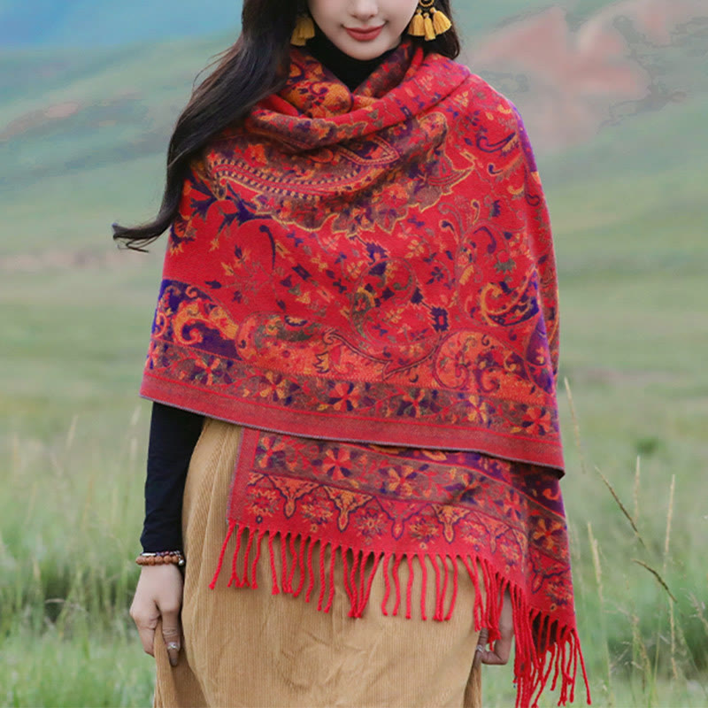 Buddha Stones Tibetan Cashew Flowers Vine Pattern Tassels Shawl Fall Winter Soft Scarf Wrap - Red - 200*65cm - image 13