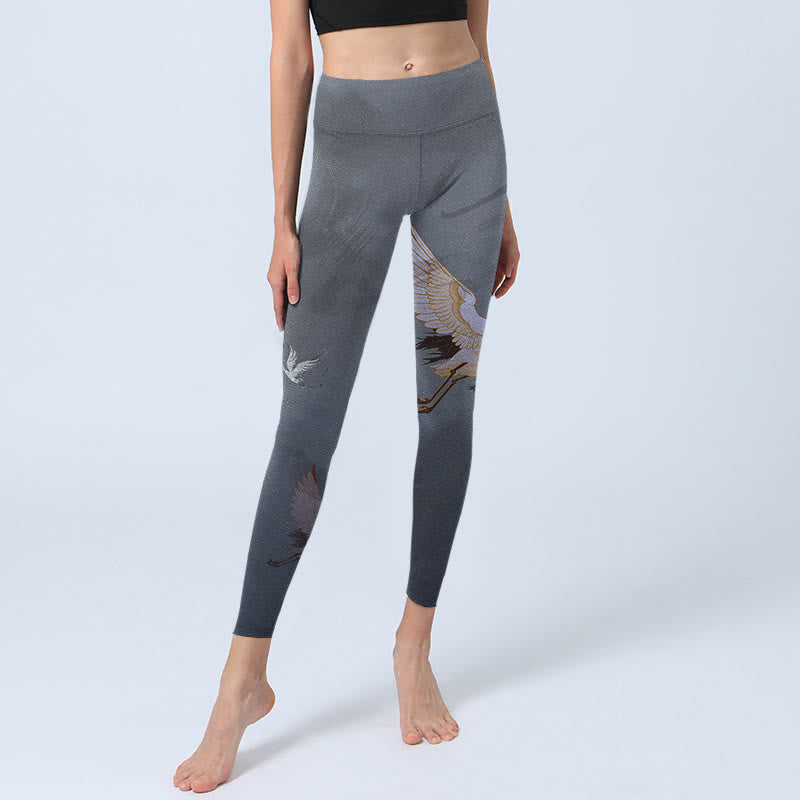 Buddha Stones Auspicious White Crane Pine Tree Print Gym Leggings Women's Yoga Pants - image 5
