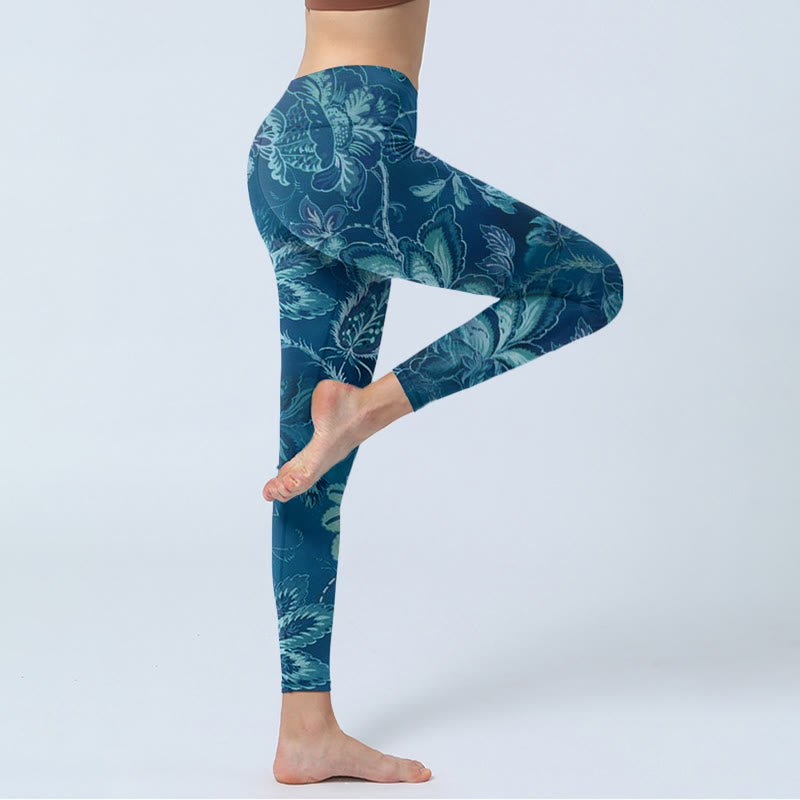 Buddha Stones Blue Flowers Print Sports Fitness Leggings Women's Yoga Pants - image 3