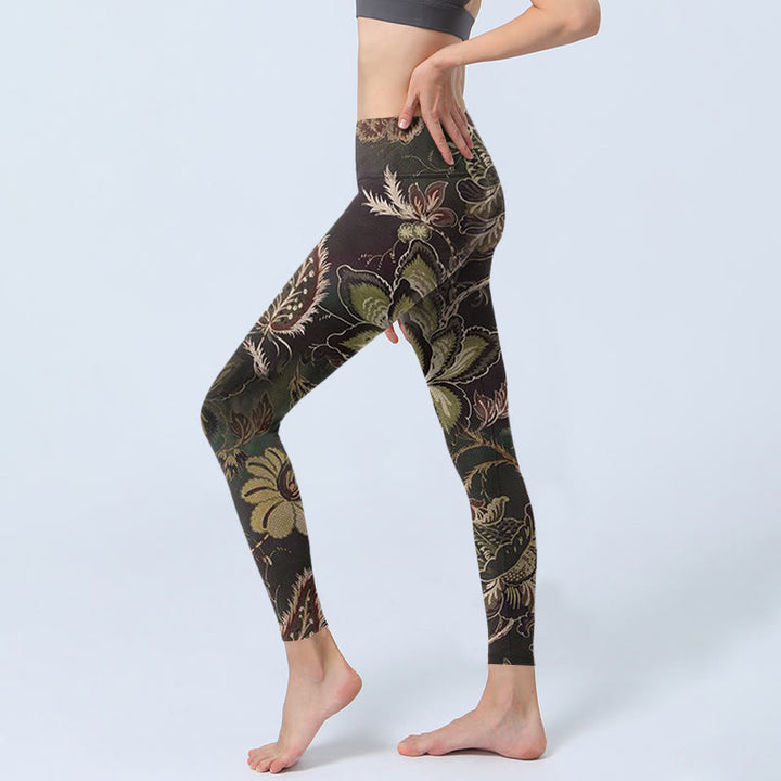 Buddha Stones Olive Florals Print Sports Fitness Leggings Women's Yoga Pants - image 2