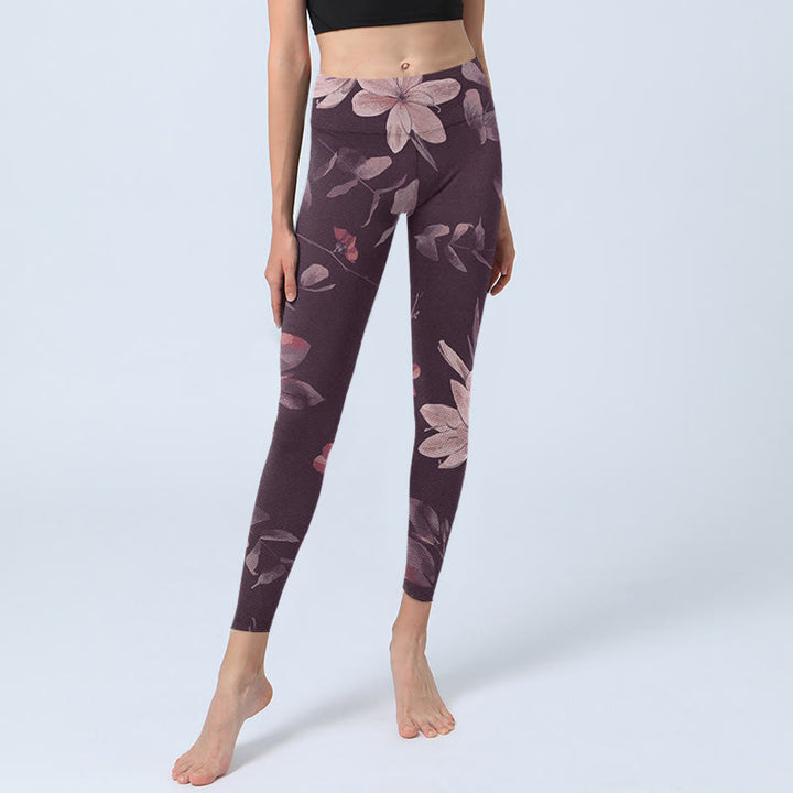 Buddha Stones Purple White Flowers Leaves Blossom Print Gym Fitness Leggings Women's Yoga Pants - image 5