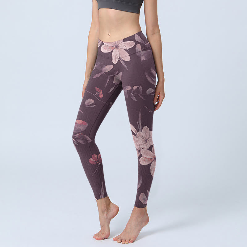 Buddha Stones Purple White Flowers Leaves Blossom Print Gym Fitness Leggings Women's Yoga Pants - Thistle - US18，UK/AU22，EU50 (4XL) - image 0