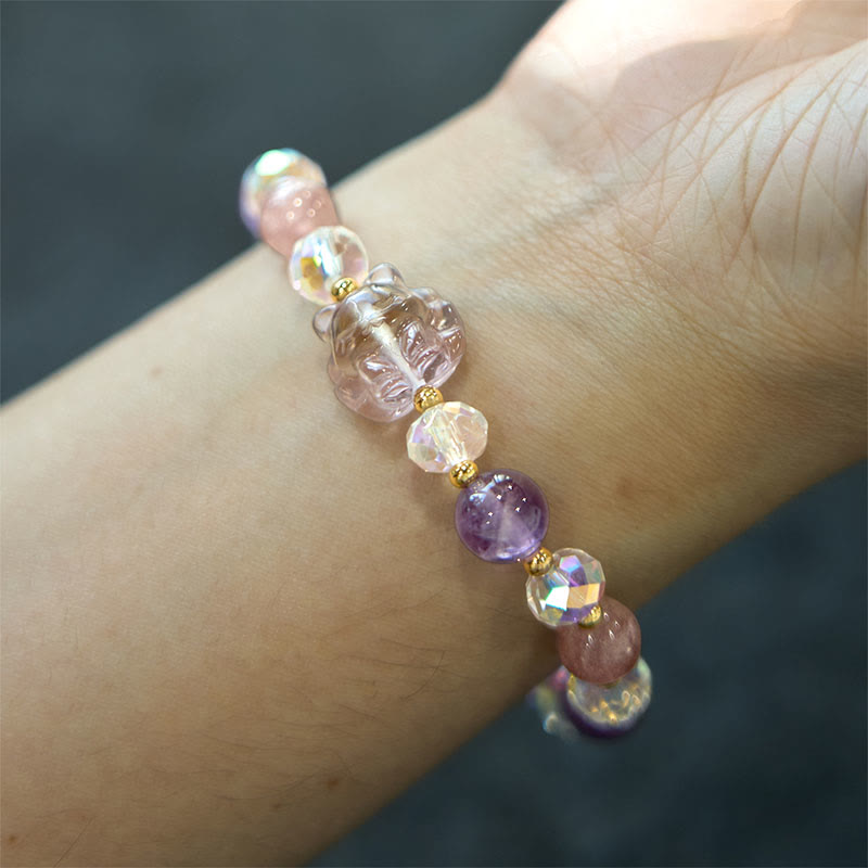 Buddha Stones Amethyst Strawberry Quartz White Crystal Nine Tailed Fox Meditation Bracelet - image 2