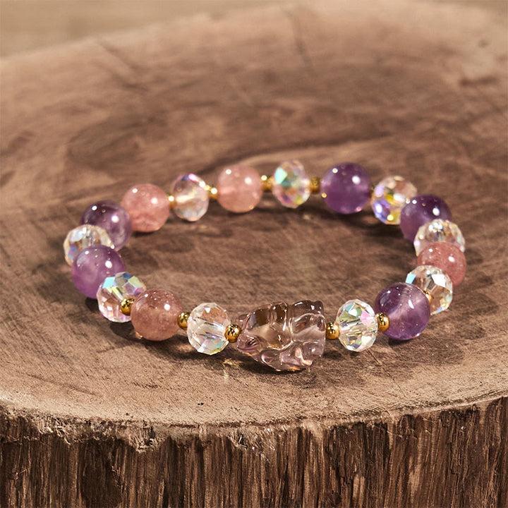 Buddha Stones Amethyst Strawberry Quartz White Crystal Nine Tailed Fox Meditation Bracelet - image 1