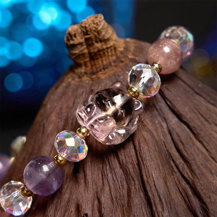 Buddha Stones Amethyst Strawberry Quartz White Crystal Nine Tailed Fox Meditation Bracelet - image 2