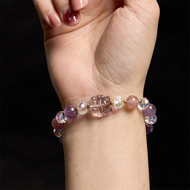 Buddha Stones Amethyst Strawberry Quartz White Crystal Nine Tailed Fox Meditation Bracelet - image 5