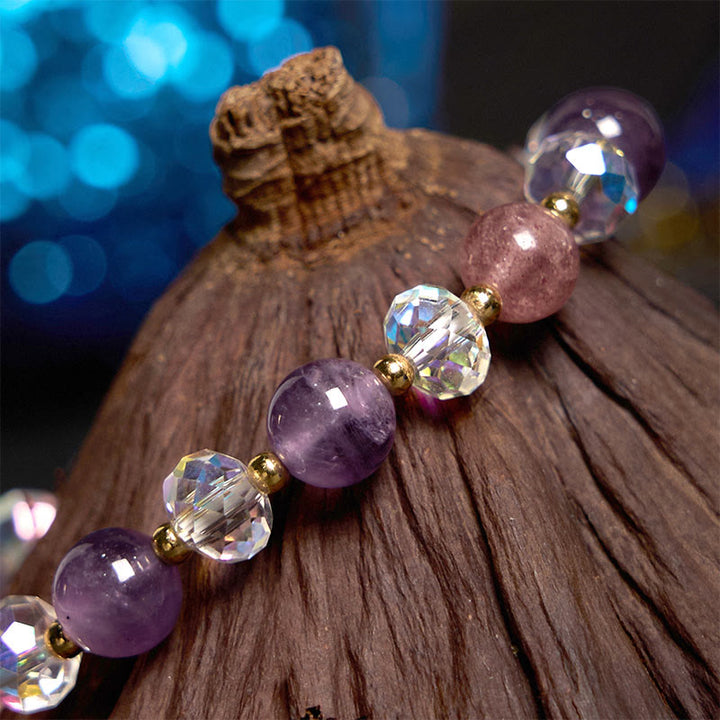 Buddha Stones Amethyst Strawberry Quartz White Crystal Nine Tailed Fox Meditation Bracelet - image 4