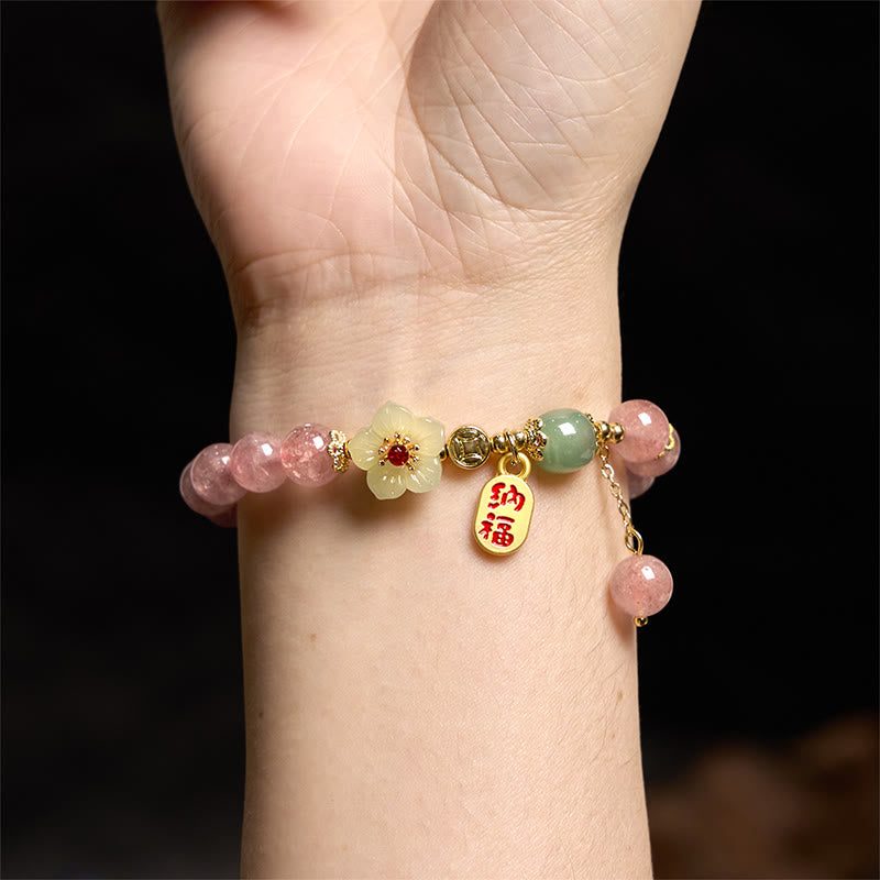 Buddha Stones Natural Strawberry Quartz Blossom Fu Character Positivity Healing Bracelet - image 6