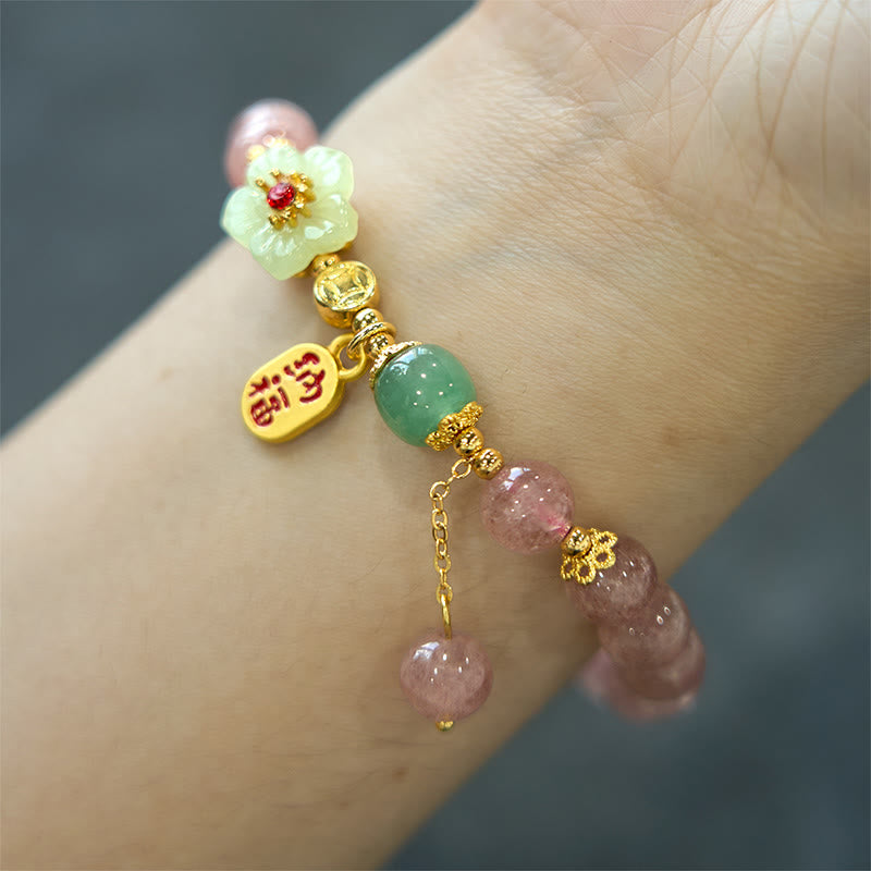 Buddha Stones Natural Strawberry Quartz Blossom Fu Character Positivity Healing Bracelet - image 5