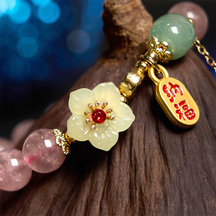 Buddha Stones Natural Strawberry Quartz Blossom Fu Character Positivity Healing Bracelet - image 2
