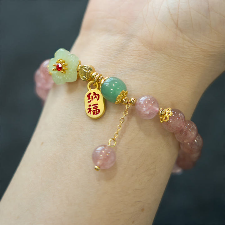 Buddha Stones Natural Strawberry Quartz Blossom Fu Character Positivity Healing Bracelet - image 6