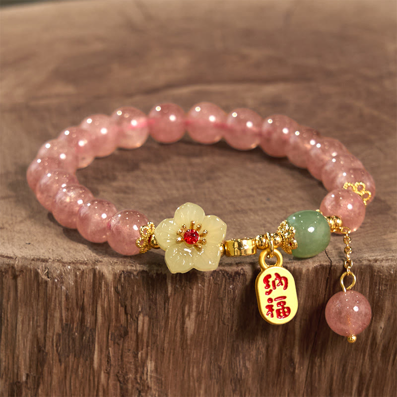 Buddha Stones Natural Strawberry Quartz Blossom Fu Character Positivity Healing Bracelet - image 1
