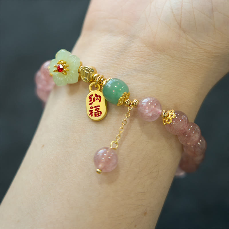 Buddha Stones Natural Strawberry Quartz Blossom Fu Character Positivity Healing Bracelet - image 5