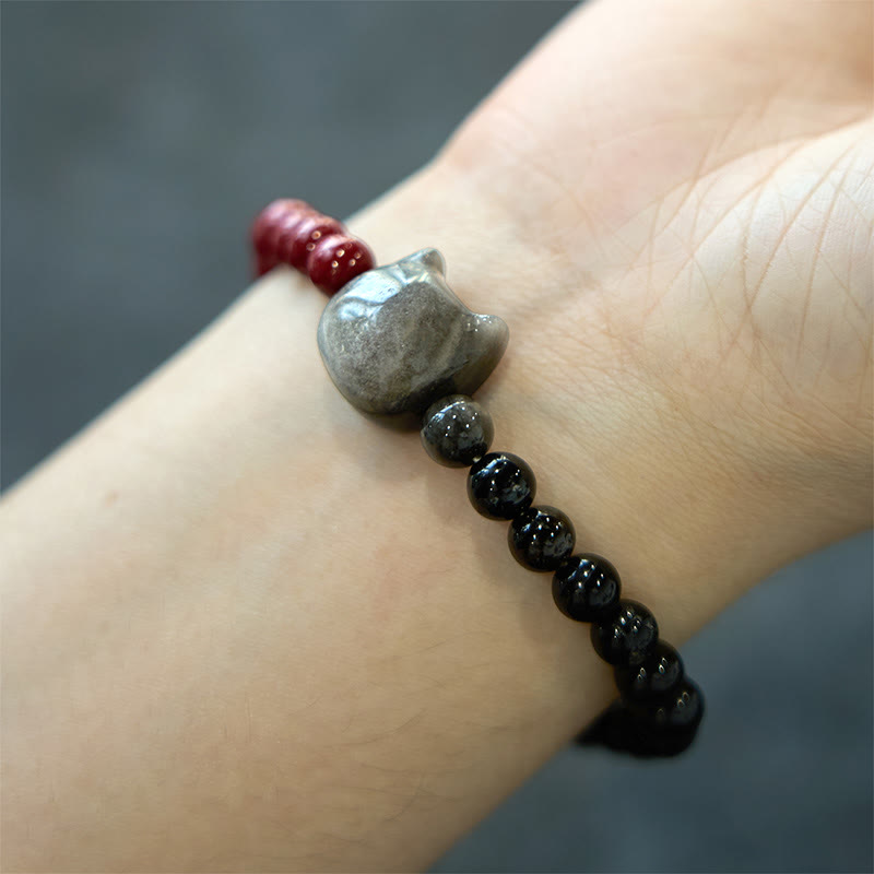 Buddha Stones Black Obsidian Cinnabar Silver Sheen Obsidian Cat Fulfilment Bracelet - image 4