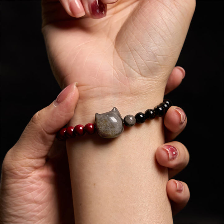 Buddha Stones Black Obsidian Cinnabar Silver Sheen Obsidian Cat Fulfilment Bracelet - image 7
