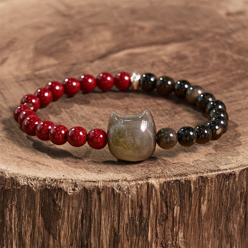 Buddha Stones Black Obsidian Cinnabar Silver Sheen Obsidian Cat Fulfilment Bracelet - image 1