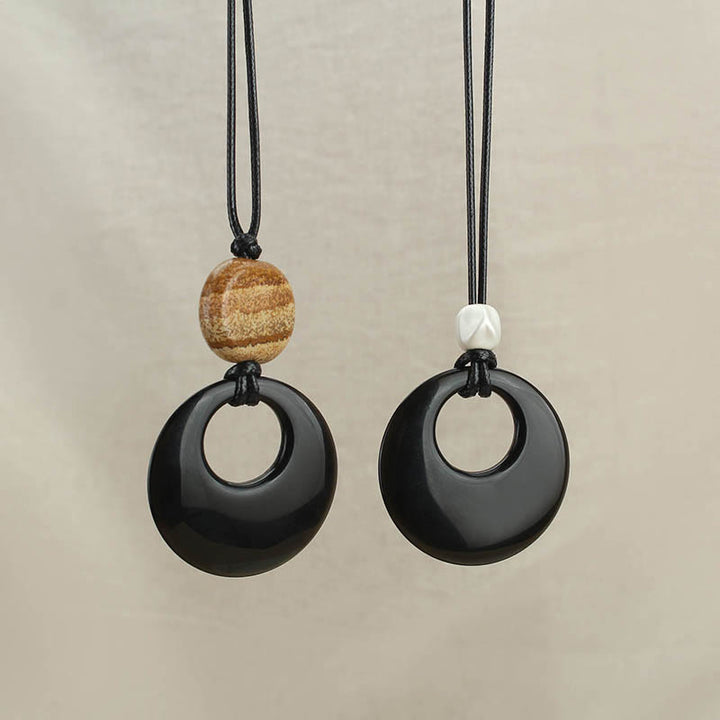 Buddha Stones Black Obsidian Liuli Picture Stone Copper Fulfilment Necklace Pendant - image 0