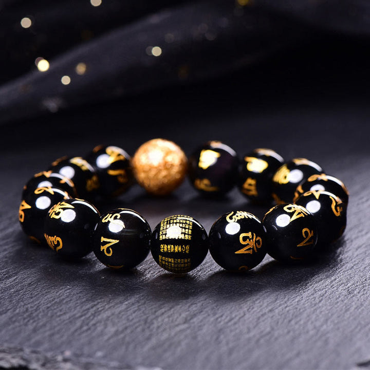 Buddha Stones Six True Words Om Mani Padme Hum Rainbow Obsidian Gold Foil Creativity Bracelet - image 1