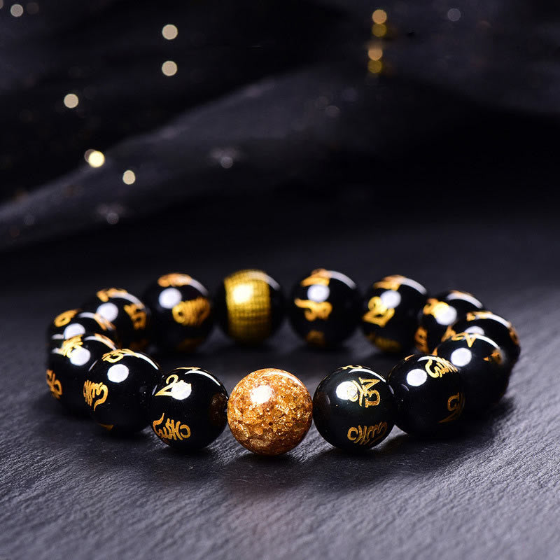 Buddha Stones Six True Words Om Mani Padme Hum Rainbow Obsidian Gold Foil Creativity Bracelet - Rainbow Obsidian(Wrist Circumference: 14-16cm) - 14mm - image 0