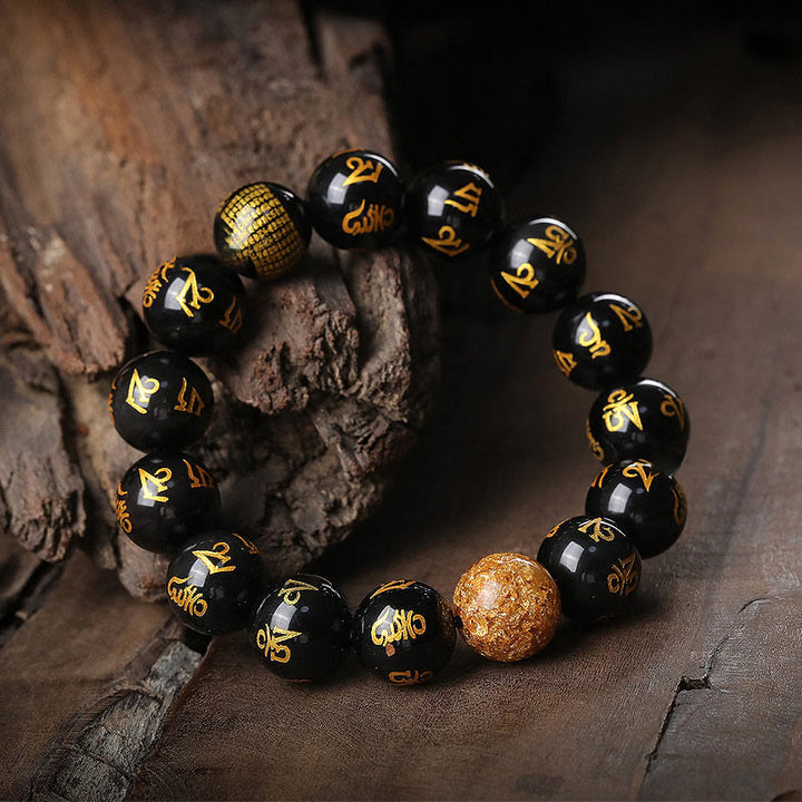 Buddha Stones Six True Words Om Mani Padme Hum Rainbow Obsidian Gold Foil Creativity Bracelet - image 4