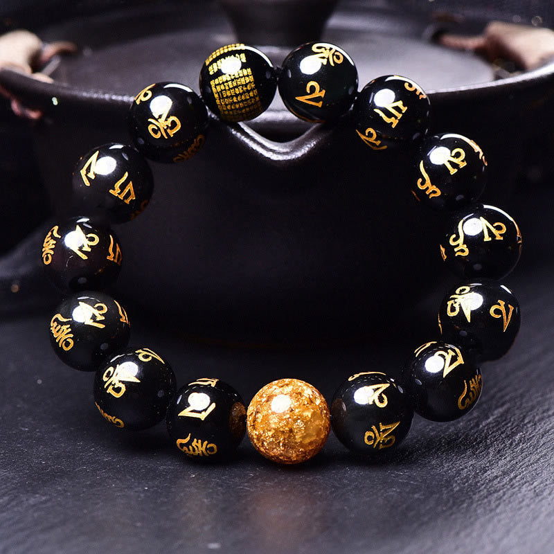 Buddha Stones Six True Words Om Mani Padme Hum Rainbow Obsidian Gold Foil Creativity Bracelet - image 3
