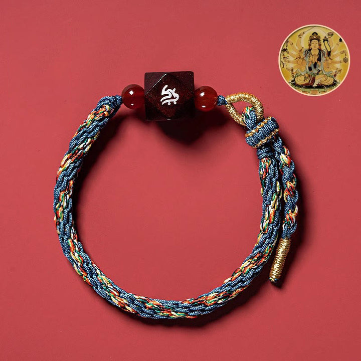 Buddha Stones Chinese Zodiac Natal Buddha Small Leaf Red Sandalwood Red String Protection Bracelet - Rat-Thousand-armed Avalokitesvara - image 1
