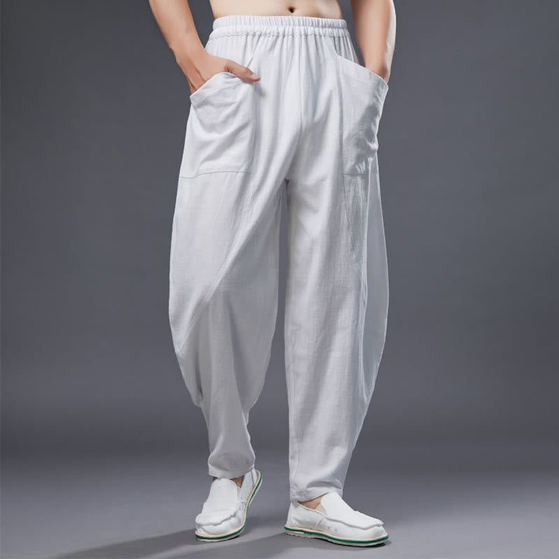Buddha Stones Solid Color Cotton Ramie Linen Men's Elastic Waist Harem Pants With Pockets - White - US/UK/AU38，EU48 (XL) - image 0