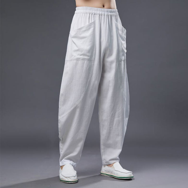 Buddha Stones Solid Color Cotton Ramie Linen Men's Elastic Waist Harem Pants With Pockets - image 10