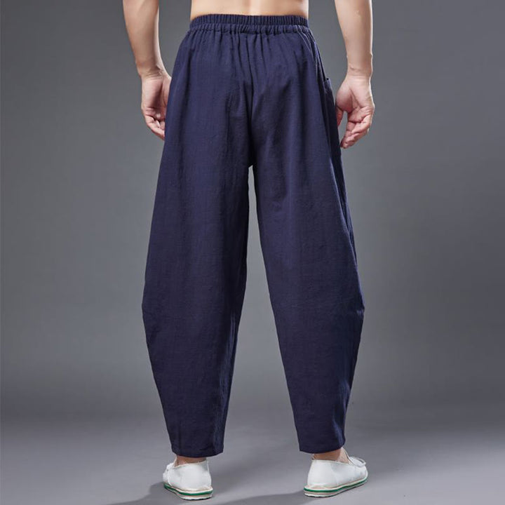 Buddha Stones Solid Color Cotton Ramie Linen Men's Elastic Waist Harem Pants With Pockets - image 14