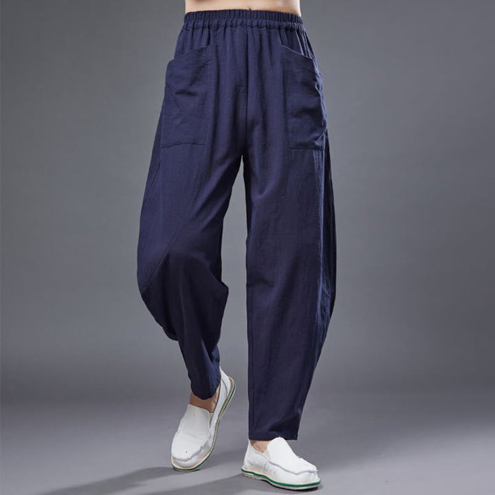 Buddha Stones Solid Color Cotton Ramie Linen Men's Elastic Waist Harem Pants With Pockets - SteelBlue - US/UK/AU38，EU48 (XL) - image 11