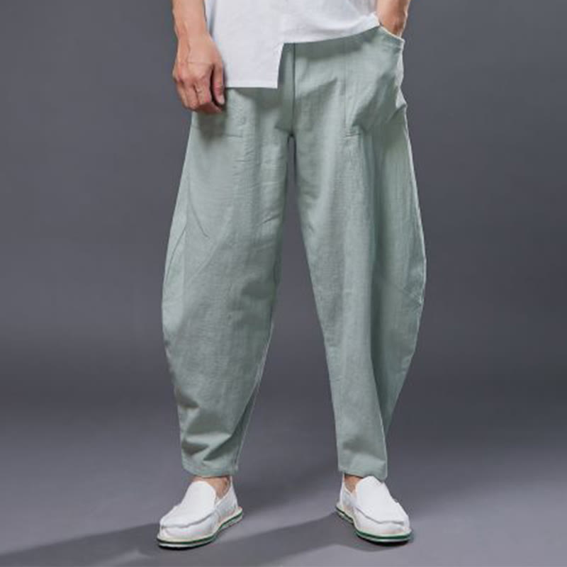 Buddha Stones Solid Color Cotton Ramie Linen Men's Elastic Waist Harem Pants With Pockets - image 23