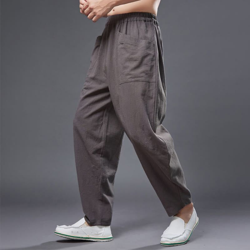 Buddha Stones Solid Color Cotton Ramie Linen Men's Elastic Waist Harem Pants With Pockets - image 36
