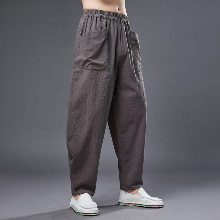 Buddha Stones Solid Color Cotton Ramie Linen Men's Elastic Waist Harem Pants With Pockets - image 34