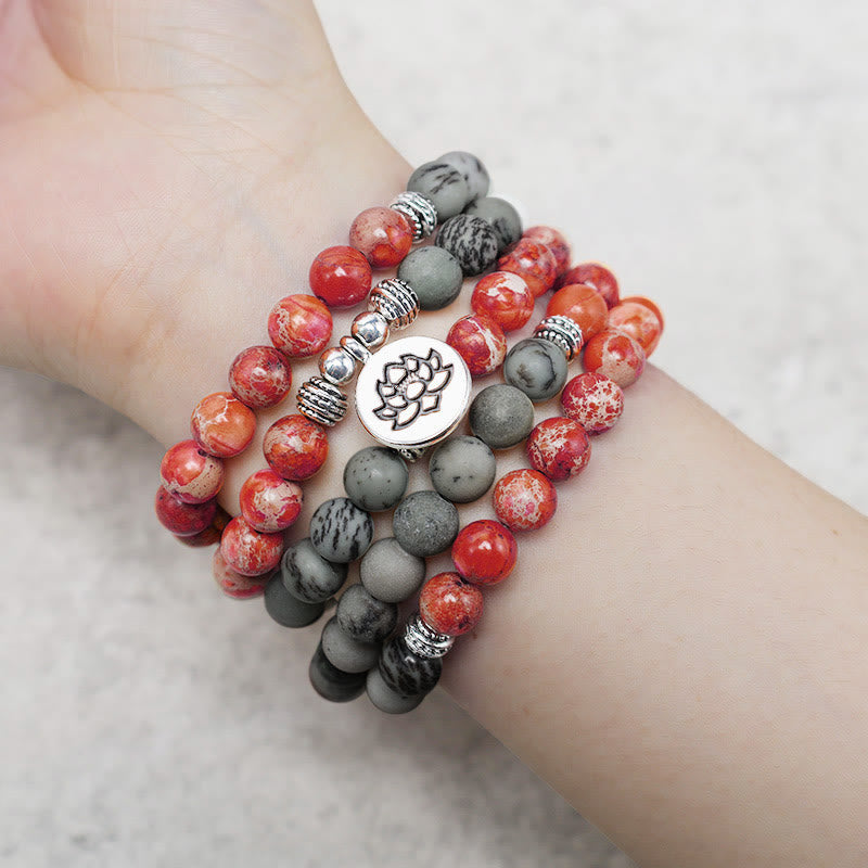 Buddha Stones 108 Mala Beads Natural Stone Sea Sediment Jasper Lotus Protection Bracelet - image 4